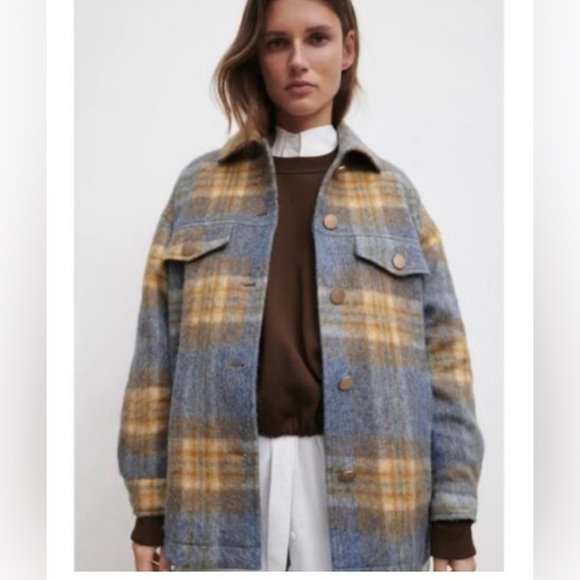 Zara Coat Women’s Medium Blue and Yellow Plaid Wool Shacket - Picture 1 of 12
